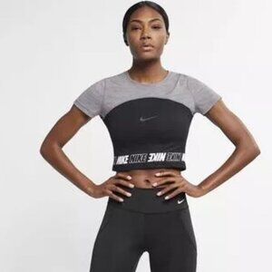 Nike Women's Pro Short Sleeve Crop Top - Gunsmoke/Heather